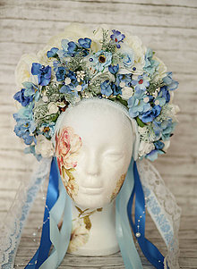 Ozdoby do vlasov - Modro-krémová kvetinová bohato zdobená folk parta - 9151850_