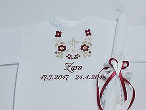 Detské oblečenie - Košieľka na krst k14 bordovo-zlatá s krížikom a Sviečka na krst biela čipka a srdiečko s bordovou mašličkou - 9152794_