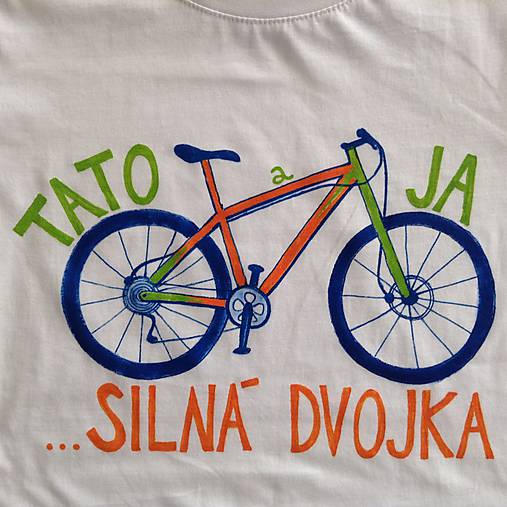 Otcosynovské maľované tričká s motívom bicykla (Oranžovo - zelený variant (pánske + detské tričko))