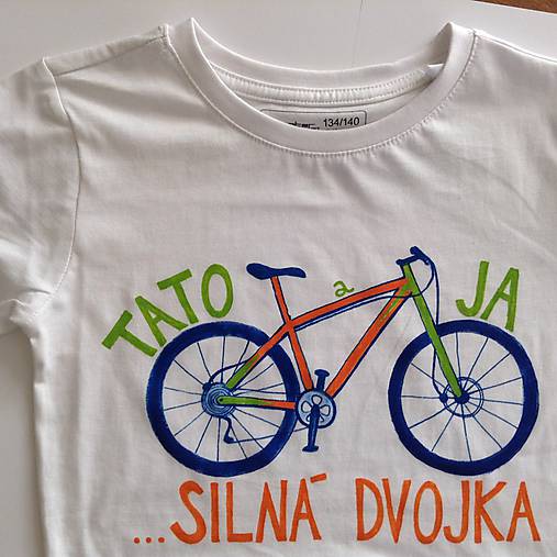 Otcosynovské maľované tričká s motívom bicykla (Oranžovo - zelený variant (pánske + detské tričko))