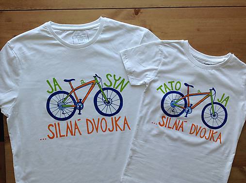 Otcosynovské maľované tričká s motívom bicykla (Oranžovo - zelený variant (pánske + detské tričko))