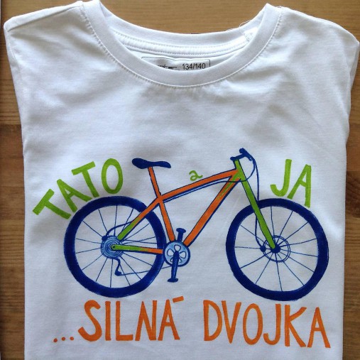 Otcosynovské maľované tričká s motívom bicykla (Oranžovo - zelený variant (pánske + detské tričko))