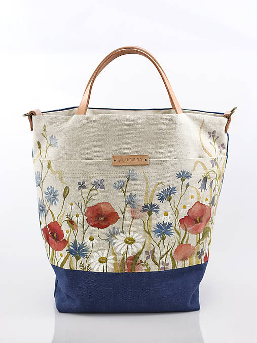 Veľká ručne maľovaná ľanová kabelka "Lúčne kvety"