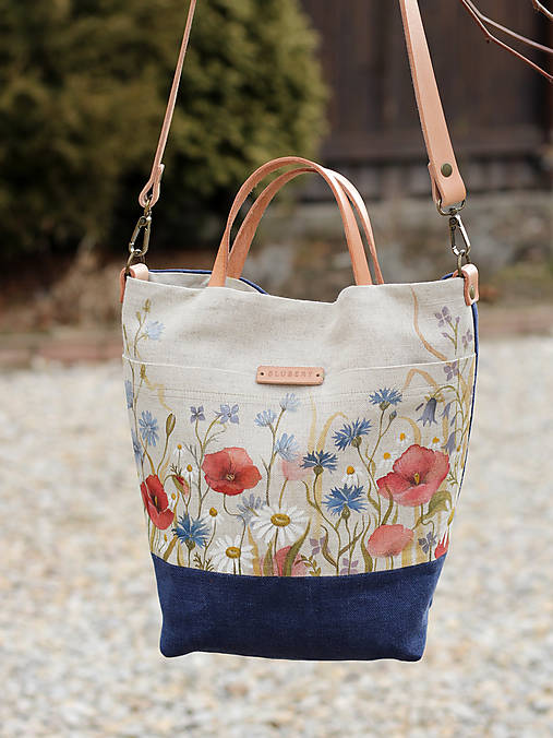 Veľká ručne maľovaná ľanová kabelka "Lúčne kvety"