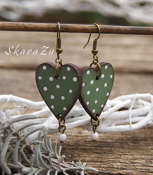 Náušnice - Heart dots // Olive - 9332494_