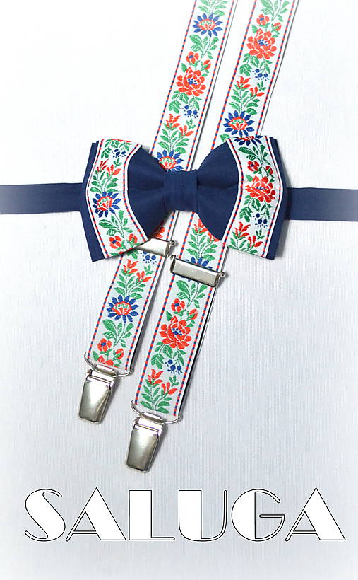 Detské doplnky - Detský modrý folklórny set - motýlik a traky - 9333494_