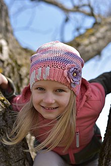 Detské čiapky - Zľava zo 14 na 10 eur-Lososovo-fialovo-béžová čiapka - 9394228_