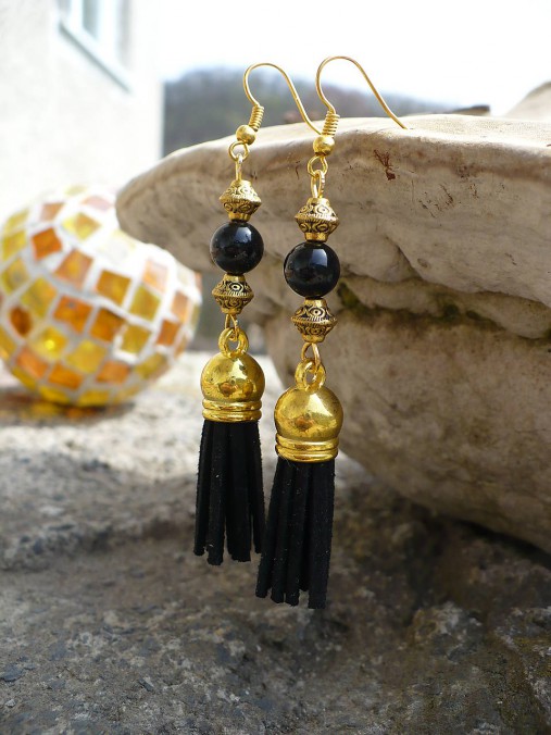 Náušnice - čierno zlaté náušnice s  Onyxom - 9407299_