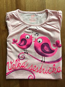 Detské oblečenie - Maľované s motívom vtáčikov-sestričiek (... s nápisom "Veľká sestra" na tričku) - 9410356_