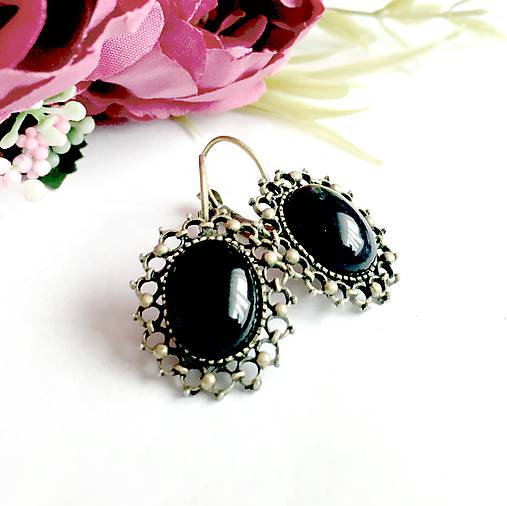 Vintage Black Onyx with Ornaments / Náušnice s prírodným ónyxom v