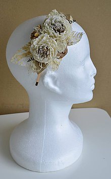 Ozdoby do vlasov - Zlatá čelenka s krémovo-hnedom zdobením - 9502016_