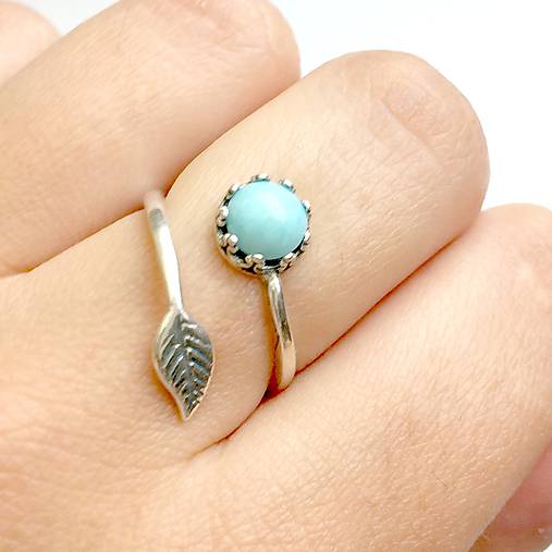 Simple Leaf Silver Gemstone Ring Ag925 / Strieborný prsteň s minerálom  (Vintage Larimar (patinovaný))