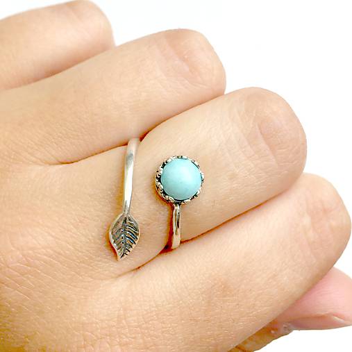 Simple Leaf Silver Gemstone Ring Ag925 / Strieborný prsteň s minerálom  (Vintage Larimar (patinovaný))