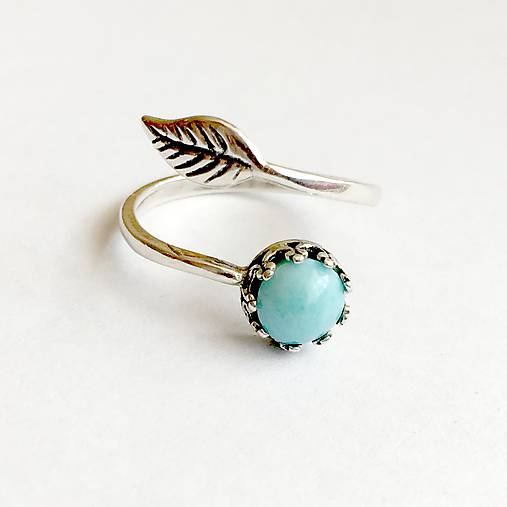 Simple Leaf Silver Gemstone Ring Ag925 / Strieborný prsteň s minerálom  (Vintage Larimar (patinovaný))