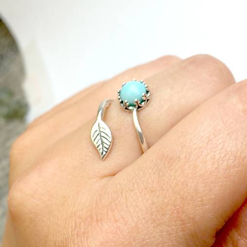 Simple Leaf Silver Gemstone Ring Ag925 / Strieborný prsteň s minerálom  (Vintage Larimar (patinovaný))