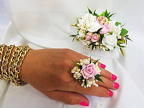 Sady šperkov - Ružovo - biely set, prsteň a hrebienok - 9520770_