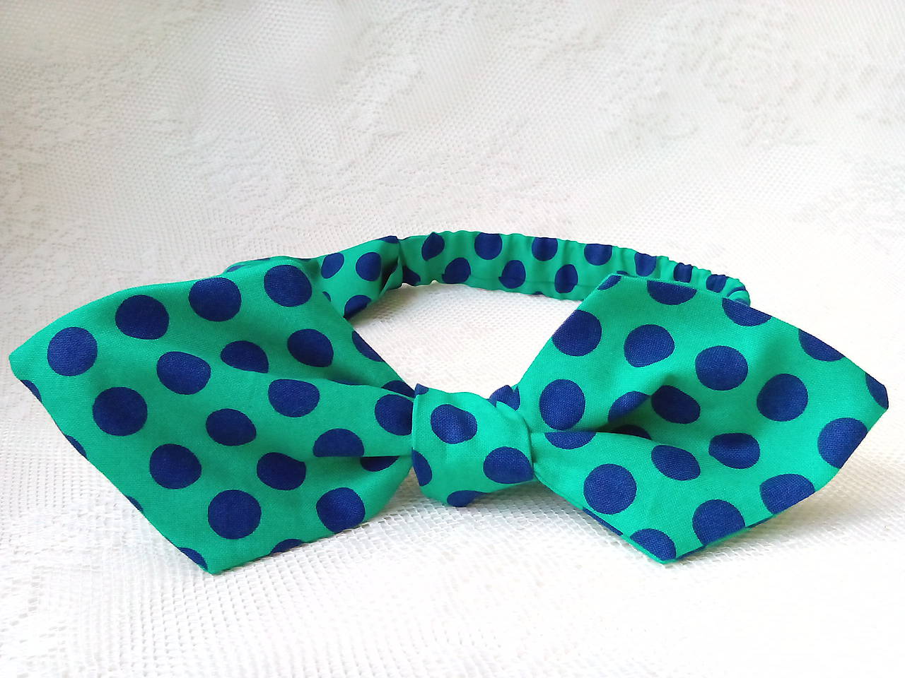 Pin Up headband on elastic (green/dark blue polka dots)