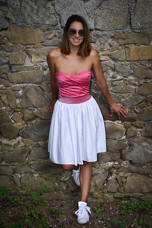  - Sukňa - biela s ružovým pásom (pás: 70-90 cm) - 9547550_