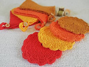 Úžitkový textil - Pletené uteráčiky v oranžovom a háčkované podšálky - 9564666_