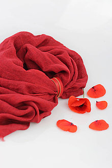 Šatky - Veľký červený ľanový pléd/ šatka s koženým remienkom - 9565339_