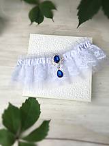 Spodná bielizeň - Svadobný podväzok tylový modrá brošňa - 9600376_