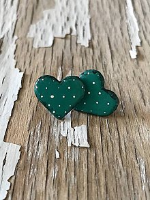 Náušnice - maľované bodkované srdiečka (smaragdovo zelená) - 9601079_
