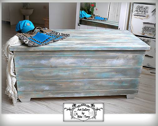 Nábytok - Mega truhlica "Vintage grey-white-turquoise" - 9616560_