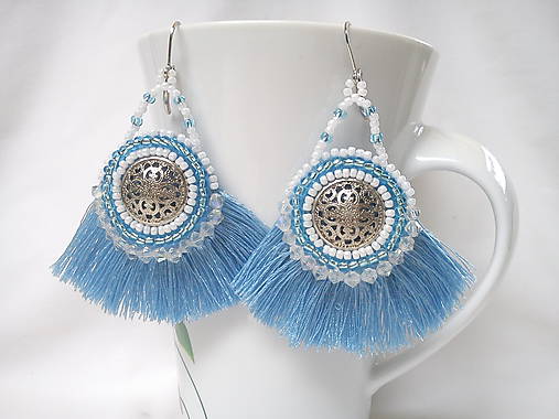 Náušnice - Náušnice strapcové, modro-biele - 9619709_