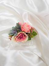 Ozdoby do vlasov - Hrebienok z ružových  sivých kvetov - 9628319_