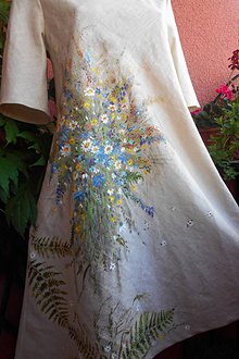 Šaty - Ľanové béžové maľované šaty "Lúčna kytica" - 9640087_