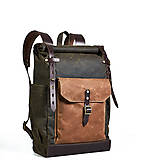 Batohy - Tmavo-olivový mestský batoh z kože a voskovanej tkaniny. Módny ruksak. - 9642926_
