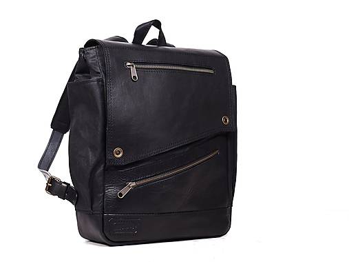 Čierny mestský batoh z kože a voskovaného plátna. Čierný ruksak.