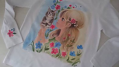 Detské oblečenie - Maľované tričko - Dievča s kocúrom - 9653333_