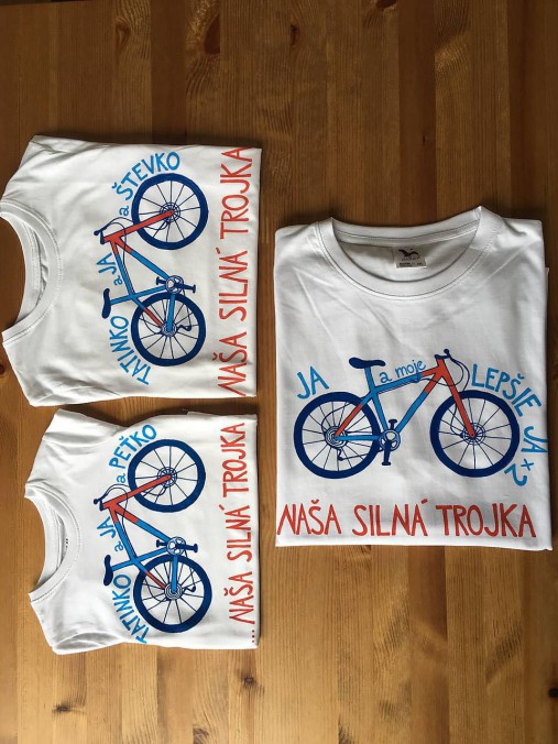 Otcosynovské maľované tričká s motívom bicykla (Silná trojka (pánske + 2 detské ))