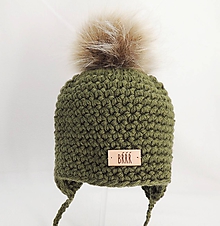 Detské čiapky - Olivovo zelená detská zimná čiapka s kožušinkou - 9669913_