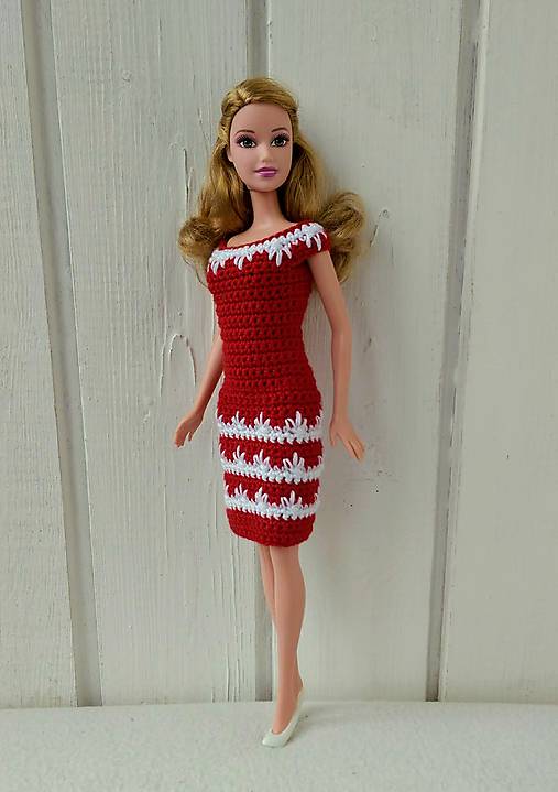  - Červenobiele háčkované šaty pre Barbie - 9679731_