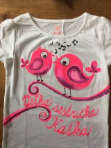 Detské oblečenie - Maľované s motívom vtáčikov-sestričiek (... v ružovom s nápisom Veľká sestrička (meno) na tričko) - 9629487_