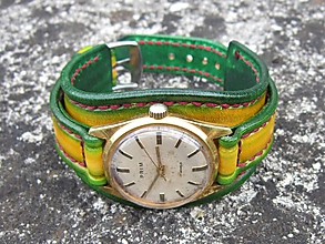 Náramky - Dámske vintage hodinky PRIM , žlto-zelený kožený remienok - 9698789_
