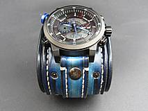Náramky - Modrý kožený remienok s hodinkami - 9703616_