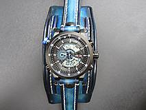 Náramky - Modrý kožený remienok s hodinkami - 9703617_