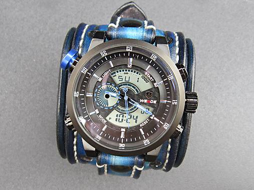 Modrý kožený remienok s hodinkami