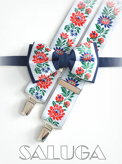 Pánske doplnky - Folklórny pánsky modrý motýlik a traky - folkový - ľudový - 9707463_