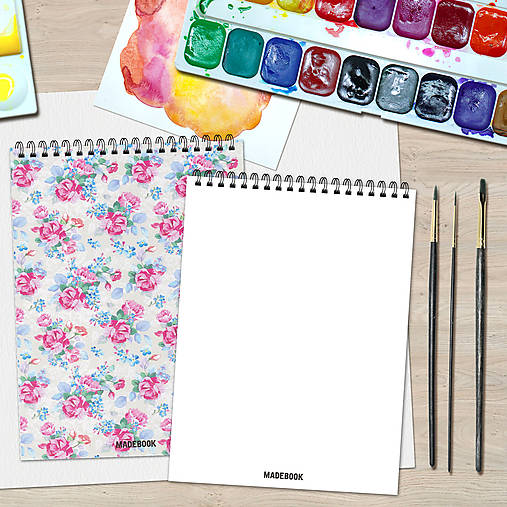 Papiernictvo - MADEBOOK špirálový blok A5 - MODRÝ S RUŽAMI - 9727400_