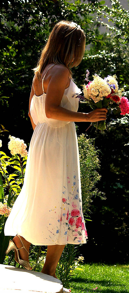Ručne maľované nežné svadobné šaty "meadow midi"