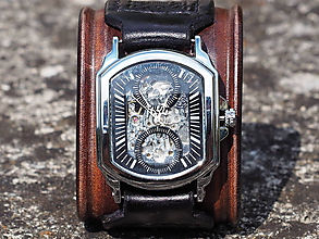 Náramky - pánsky kožený remienok hnedo-čierny s hodinkami Winner - 9757112_