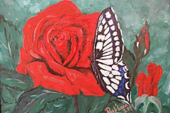 Obrazy - Motýľ a ruža - ručne maľovaný obraz - 9769235_