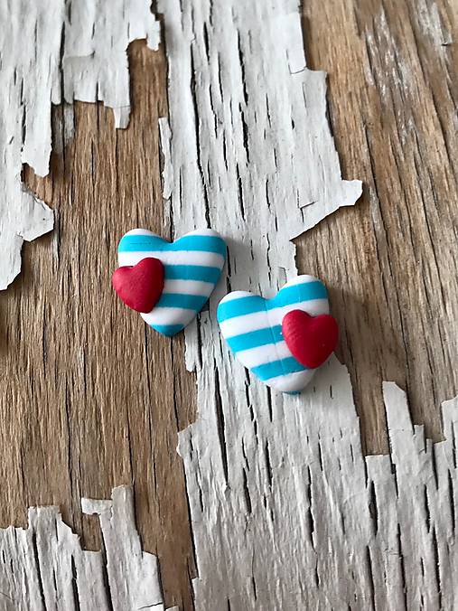 Náušnice - MiNi námornícke napichovačky  (tyrkysové so ♥) - 9779899_