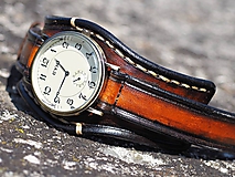 Náramky - Hnedočierny kožený remienok, pánske hodinky, bronzové hodinky - 9783800_