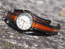 Náramky - Hnedočierny kožený remienok, pánske hodinky, bronzové hodinky - 9783802_