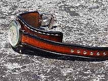 Náramky - Hnedočierny kožený remienok, pánske hodinky, bronzové hodinky - 9783809_